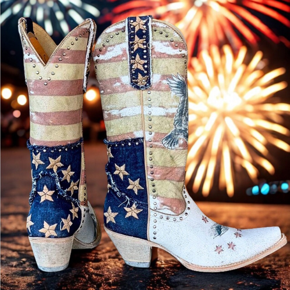 YIPPEE KI YAY BY OLD GRINGO JORIE PATRIOTIC RED WHITE BLUE LEATHER BOOTS - Picture 9 of 10